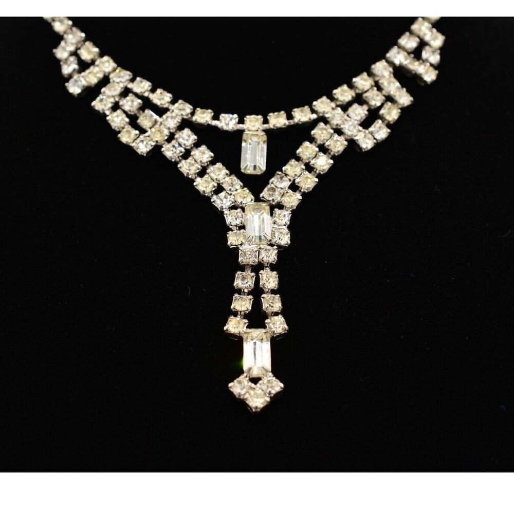 Vintage Crystal Collar Bib Necklace Prong Rhinestone Baguette Y Drop Glam BinK